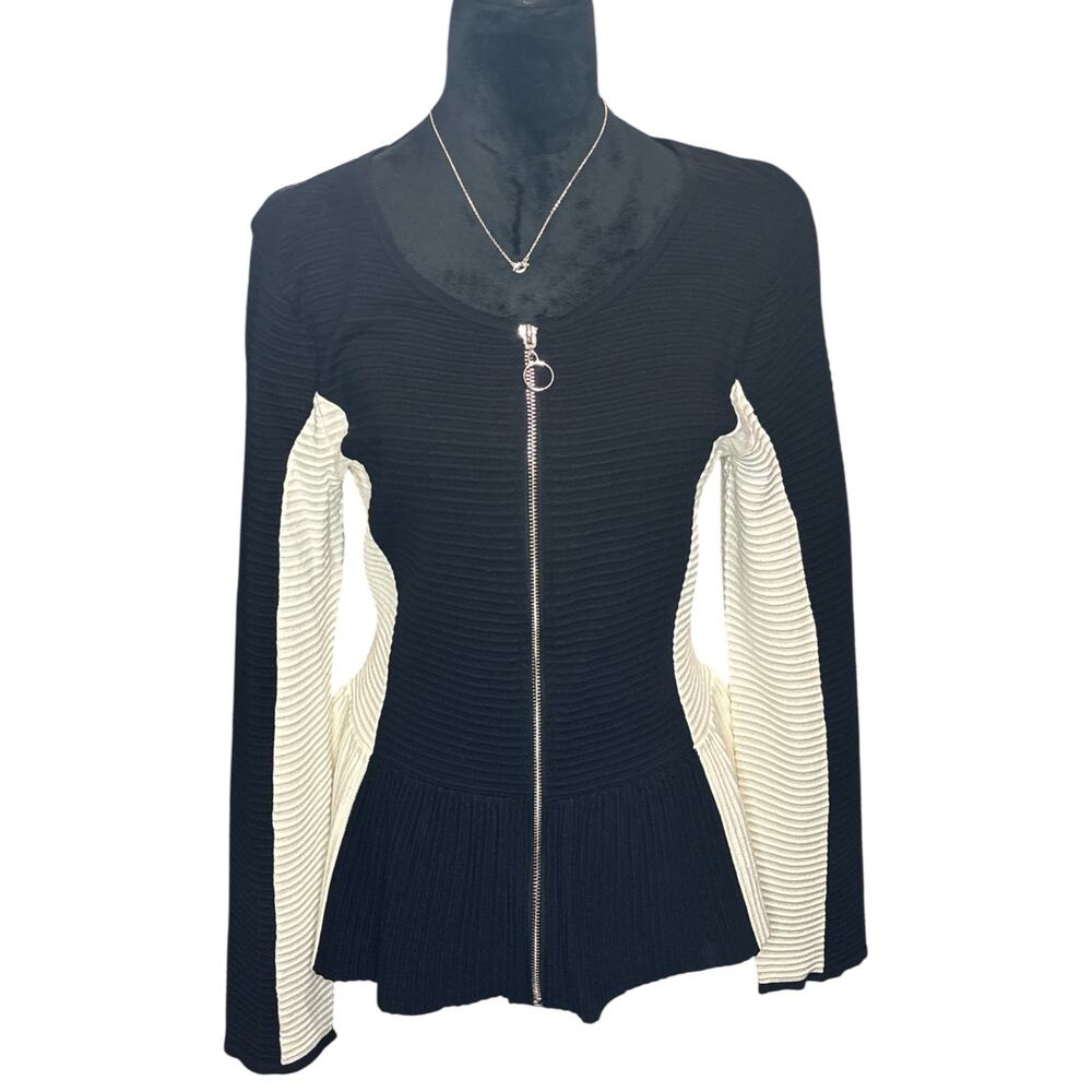 INC Black & White Zip-Up Knit Top – Size L – NWT